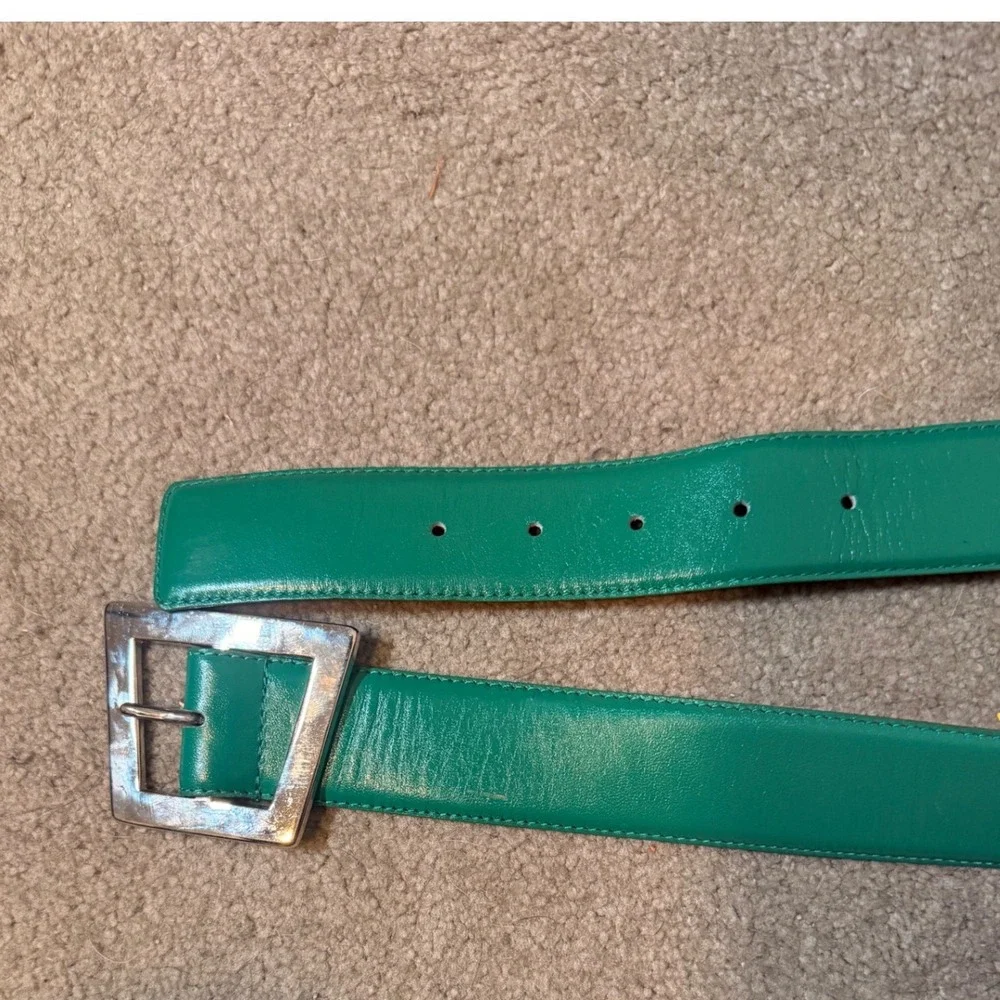 Morgan Taylor Vintage Mod Style Green Leather Belt Silver Buckle Womens Large